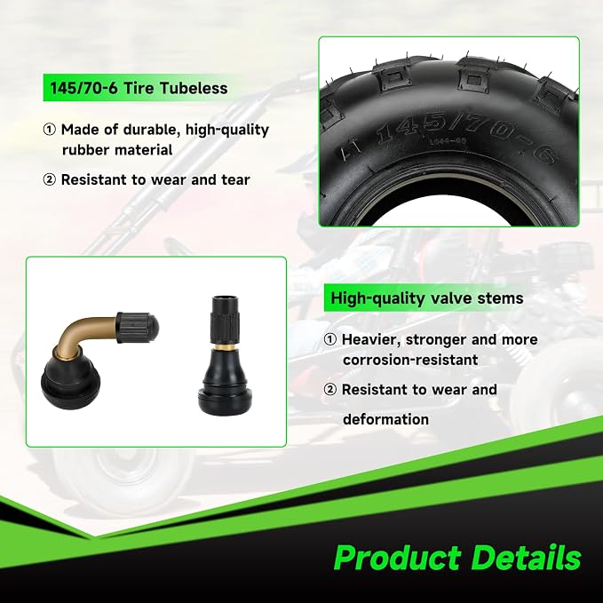 145/70-6 145-70-6 Tires Tubeless Compatible with Coleman CT100U CC100X Baja Doodle Bug DB30 Mini Bike KT196 Go Kart Motovox MBX10 MBX11 Mega Monster Moto 80cc 105cc Kazuma ATV Quad 4 Wheeler