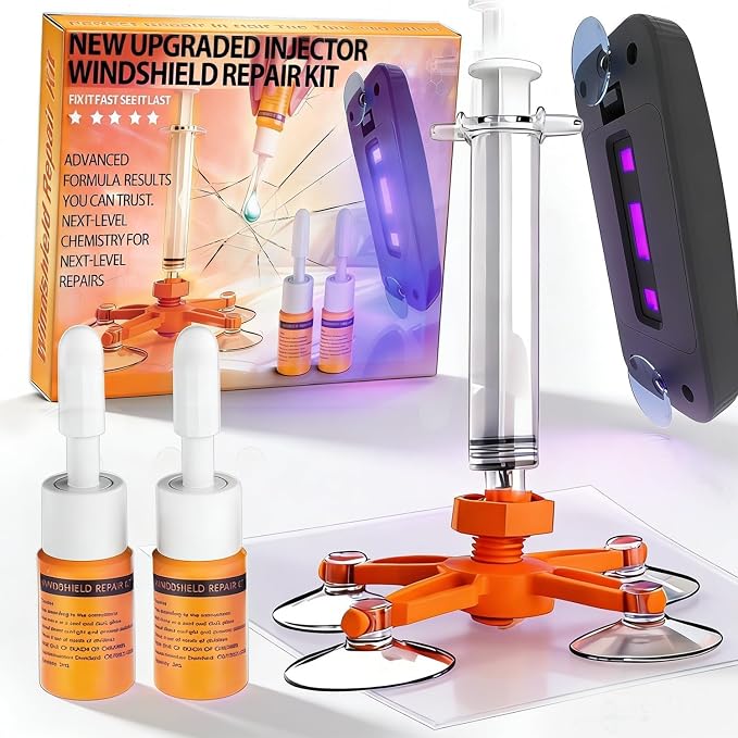 Windshield Chip Repair Kit, 2 PCS Windshield Crack Repair Kit with Suction Cup Curing Light, Car Automotive Nano Fluid Vehicle Windscreen Tool, Glass Repair Kit for Chips and Cracks, Bulls-Eye（Sunset）
