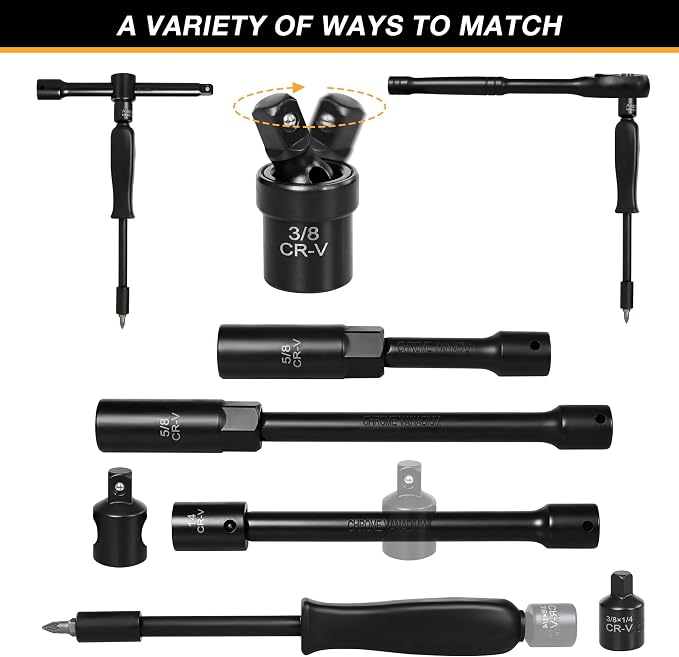 3/8" Drive Impact Socket Set, 110-Piece Metric and SAE CR-V Sockets with Ratchet Handle, Extension Bars, and Carrying Case