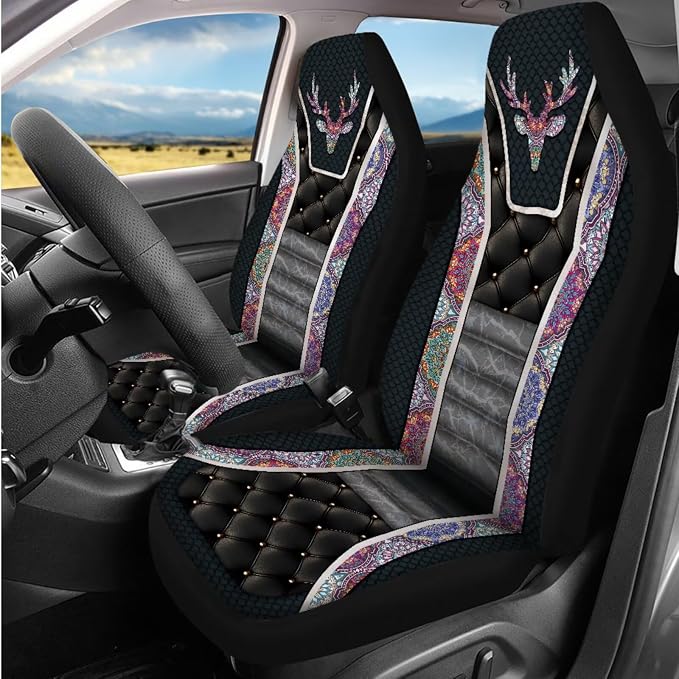 Bulopur Elk Auto Seat Covers Set with Matching 15 Inch Steering Wheel Cover Stretchy Armrest Cover Soft Seat Headrest Cover 14 Pieces Car Interior Accessories Set
