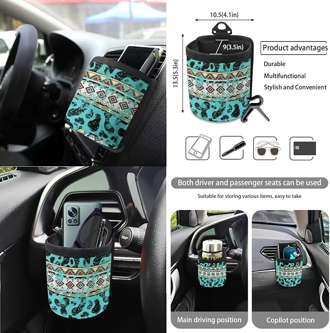 Wanyint Aztec Cow Print 15 Pack Car Accessories Set, Universal Auto Seat Protector Steering Wheel Cover Seatbelt Strap Pad Trash Can Mount Storage Pocket Cup Holders Rearview Mirror Cover Keychain