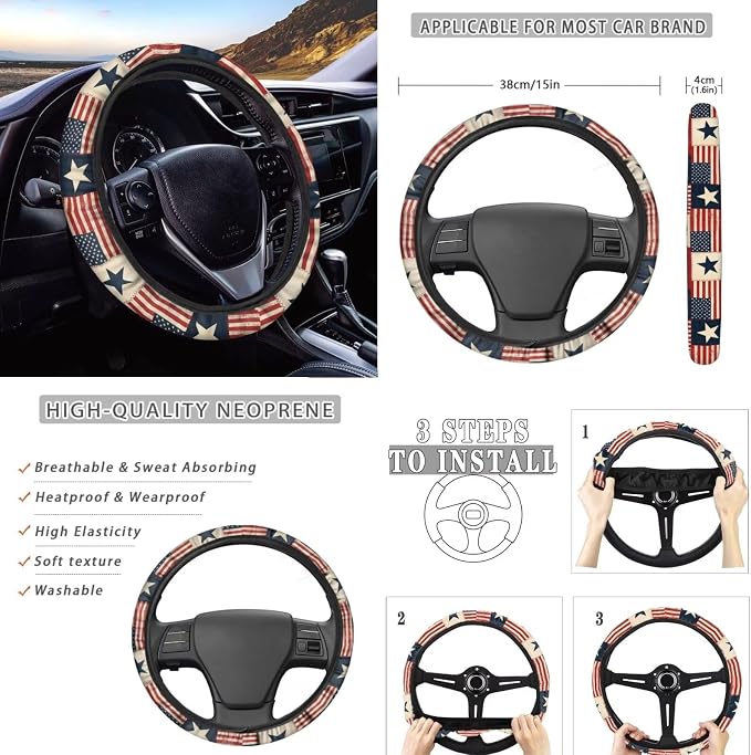 Wanyint Car Seat Cover Full Set 12 PCS, with Steering Wheel Seat Belt Cover Armrest Pad Coasters Handbrake Gear Shift Knob Set 4th of July Auto Accessories Decor, Vintage US Flag Patchwork