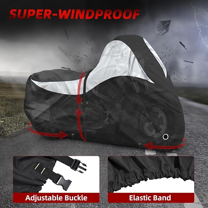 600D Motorcycle Cover, Heavy Duty Waterproof Motorcycle Covers Outdoor Storage with Lock-Holes Compatible with Harley Davidson, Honda, Suzuki, Yamaha (Side Box)