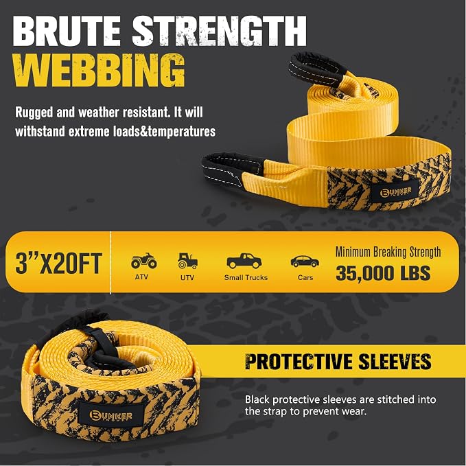 BUNKER INDUST 3" x 20ft Heavy Duty Tow Strap Recovery Kit + 3/4" D Ring Shackle with 7/8" Pin