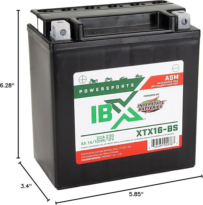 Interstate Batteries YTX16-BS 12V 14Ah Powersports Battery 230CCA AGM Rechargeable Replacement for ATVs, Motorcycles, Scooters (XTX16-BS)