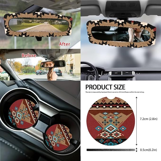 14Pcs Full Set Car Seat Covers Aztec Southwest Front and Rear Split Bench Seat Covers with Steering Wheel Cover Center Console Pad Safety Belt Pads Garbage Bag Cup Mats