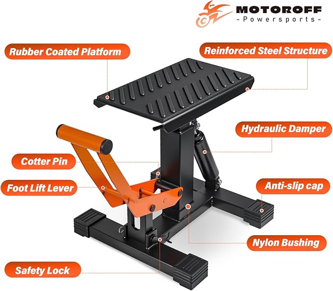 Adjustable Dirt Bike Stand & Powersport Jack 1000LBS Capacity, Heavy Duty Hydraulic Motorcycle Lift Stand & Center Stand for Maintenance, Dirt Bike Accessories for Garage & Shop (Orange)
