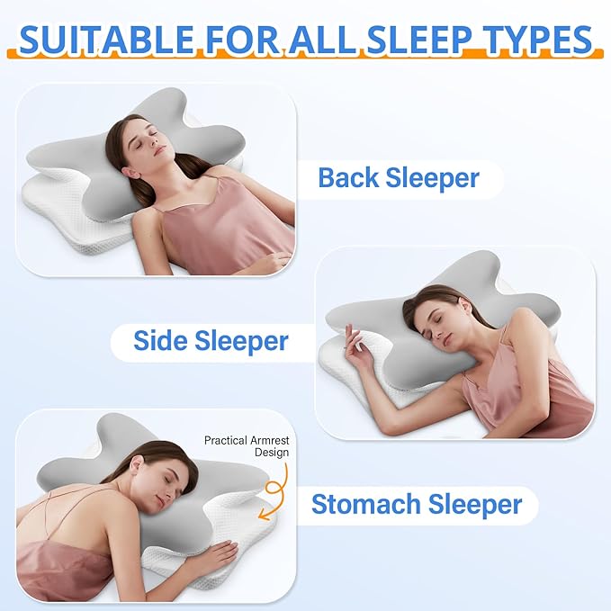 Cervical Neck Pillow, Ergonomic Memory Foam Pillows for Neck Pain Relief with Breathable Pillowcase, Adjustable Contour Neck Support Pillow for Side Back Stomach Sleepers (Silver)