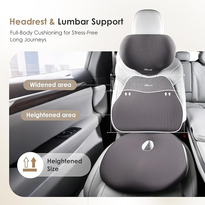 FLORICH Car Seat Cushion & Lumbar Support Pillow & Car Neck Pillow, Ergonomic Memory Foam Driving Seat Cushions for Back & Sciatica Pain Relief, Non-Slip Cushion for Car, Office Chair,Wheelchair-Gray