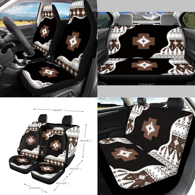 Wanyint Aztec Brown Black Car Front Back Seat Covers Full Set with Car Steering Wheel Cover Safe Belt Pads Cup Coasters Garbage Cans Rear View Mirror Cover Keychain Air Vent Storage Holder, Set of 15