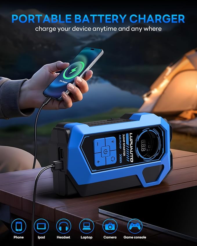 4000A Jump Starter with 160PSI Air Compressor for 10L Gas/8.5L Diesel | Smart LCD Display, Fast-Charging Power Bank, 500LM Multi-Mode Torch