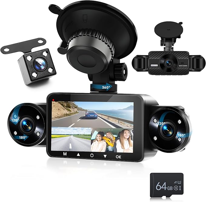 360° Dash Cam Front and Rear Inside Left Right, 4 Channel FHD 1080P Dash Cam for Cars, 3" Dashcams with 64G TF Card 8 IR Night Vision, Loop Recording, G-Sensor, 24H Parking Mode Monitor, Reverse View