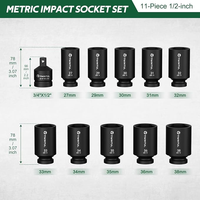 11-Piece Axle Nut Socket Set, Metric 1/2 Impact Socket 27mm-38mm, CR-MO 3/4"-1/2" Adapter, 6-Point Deep Socket Set for Installing and Removing Axle Nuts, with Portable Storage Case