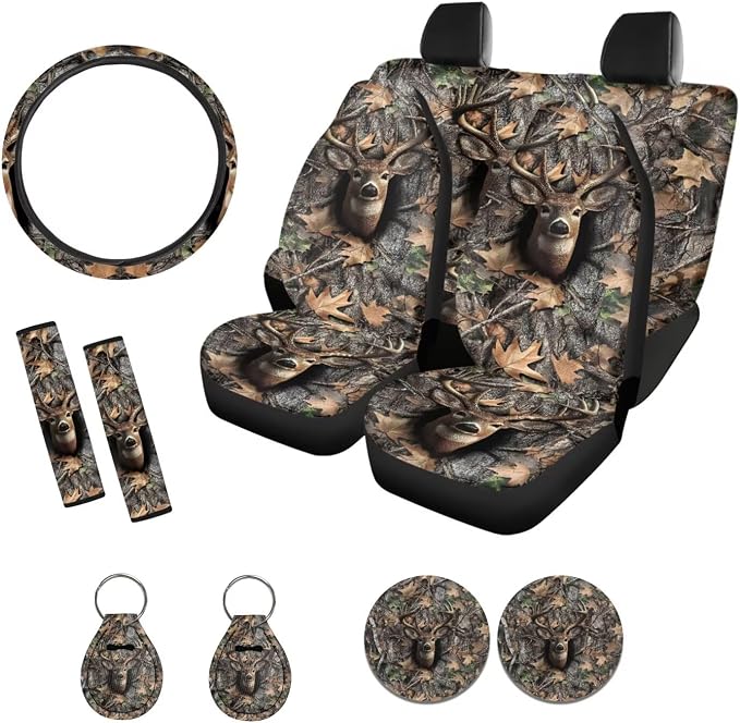 Suobstales Deer Hunting Camo Print Car Accessories Car Seat Covers Full Set of 11, Auto Interior Cover Seat Protector with Steering Wheel Cover, Seat Belt Pads, Coaster, Keychains