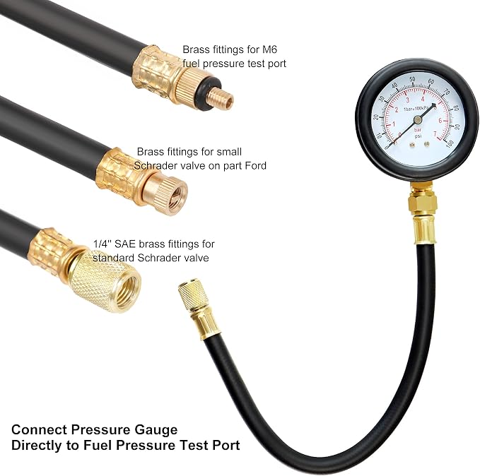 JIFETOR Fuel Injection Pump Pressure Tester Gauge Kit, Car Gasoline Gas Fuel Oil Injector Test Manometer Tool Set 0-100PSI, Universal for Auto Truck SUV Motorcycle ATV RV