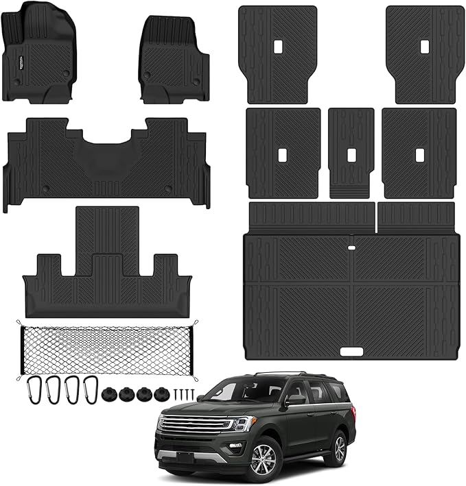 Tongama-Floor Mats for 2025 2026 Ford Expedition Max 7 Seats with 2nd Row Bucket Seats, All Weather TPE Trunk Mat and 2nd & 3rd Backrest Mats Protectors and Cargo Net for Ford Expedition Accessories