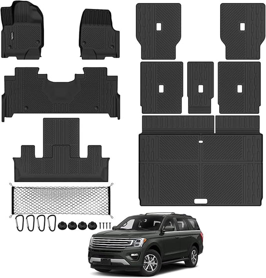 Tongama-Floor Mats for 2025 2026 Ford Expedition Max 7 Seats with 2nd Row Bucket Seats, All Weather TPE Trunk Mat and 2nd & 3rd Backrest Mats Protectors and Cargo Net for Ford Expedition Accessories