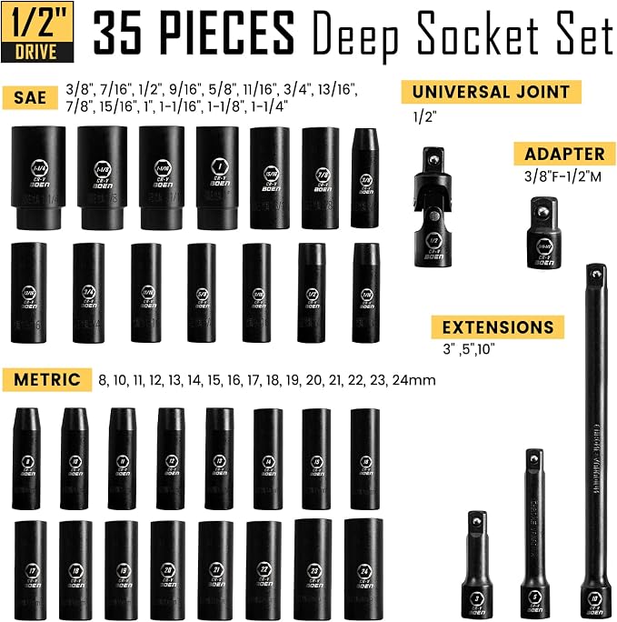 BOEN 38 Piece Set, Including 1/2" Drive Deep Impact Socket with Durable Case, 1/4", 3/8", 1/2" Size Impact Grade Socket Adapter Set with Bit Holder, 6 Point Design