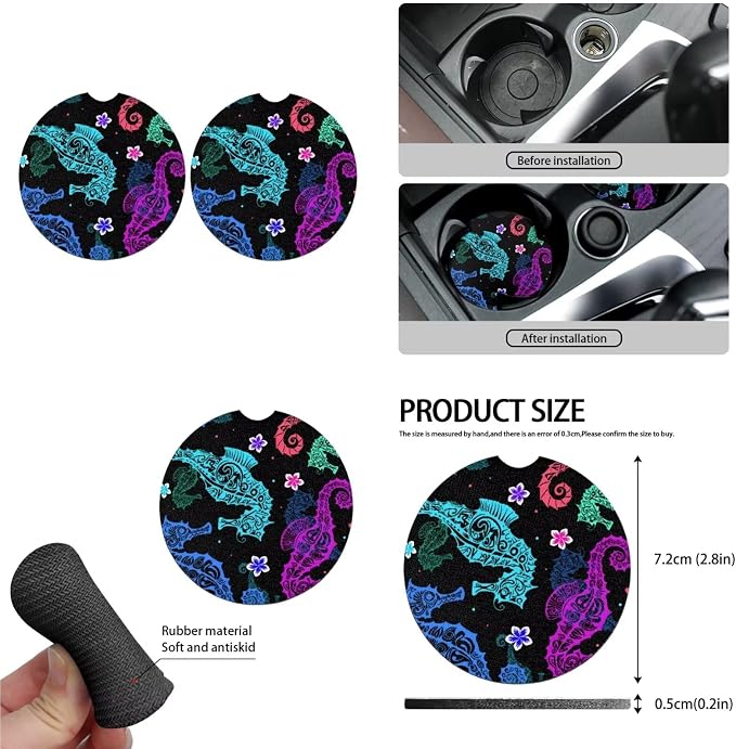 Tribal Sea Horse Car Interior Accessories Set of 13, Colorful Seahorse Front Rear Seat Breathable Car Seat Cover, Ethnic Ocean Creature Seat Belt Cover Keychain