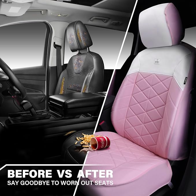 CAR PASS Memory Foam Leather Front Seat Covers, Waterproof Nappa Leather Seat Covers Front Seats Universal Fit for Cars,SUV,Truck Seat Covers Thick 3D Foam Comfortable, Airbag Compatible Pink White