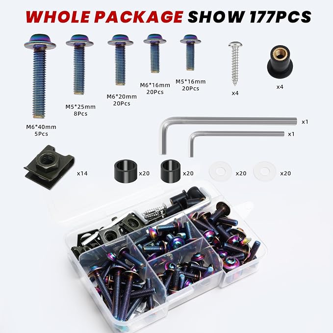 M5 M6 Stainless Steel Motorcycle Fairing Bolts, 177Pcs Windscreen Screws Fasteners Fairing Bolts Nut Clips Kit Universal Fit for Sportbike Kawasaki Yamaha BMW Honda Suzuki Triumph