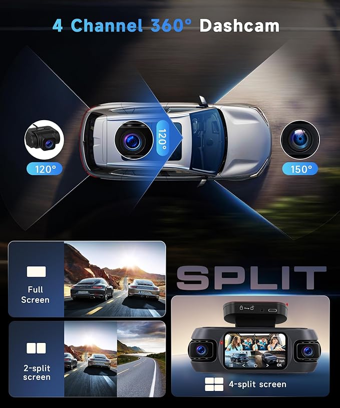 4K Dash Cam 4 Channel 360° Front and Rear Inside Left Right, 3 Inch Dash Camera Support WiFi GPS Night Vision Sensitive Motion Detection 24/7 Recording Parking Mode Monitor Reversing Help