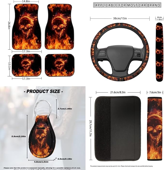 Flaming Skull Car Interior Accessories Set of 18, Car Seat Covers Full Set with Auto Steering Wheel Cover Floor Mats Seat Belt Pads Armrest Pad Handle Wraps Keychains Cup Coasters