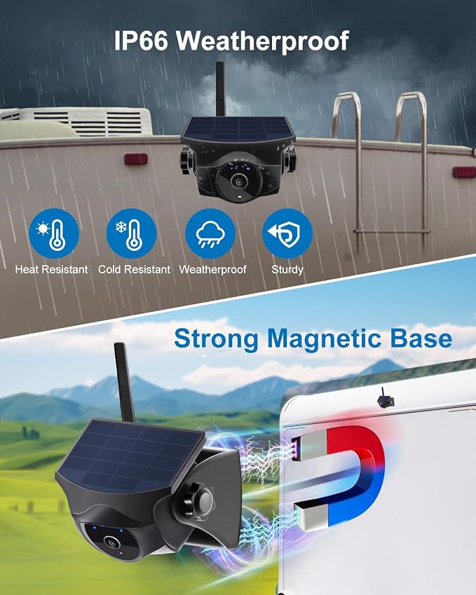 1080P Solar WiFi Backup Camera, Magnetic Wireless Hitching Camera, Night Vision,365 Days Standby, Rechargeable Battery, Rear/Front View for Horse Trailer Pickup RV Car for Phone Pad Android