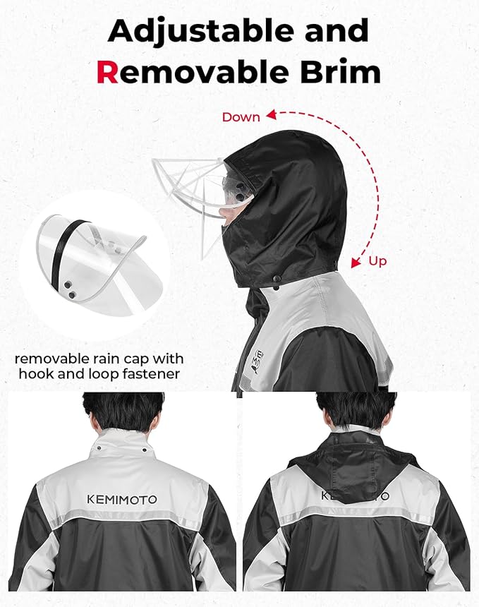 KEMIMOTO Rain Suit for Men, Motorcycle Rain Gear Waterproof Protective Rain Coat with Pants 2 Pieces Rainsuit Breathable Outdoor Fashion Black 3XL