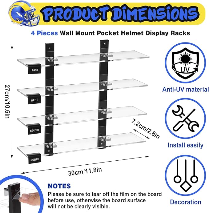 Colingmill Mini Football Helmet Display Racks Wall Mount Pocket Helmet Storage Acrylic Clear Baseball Stand Display Rack Ideal Gift for Sports Enthusiast, 11.81 x 9.84 x 3.15 Inches