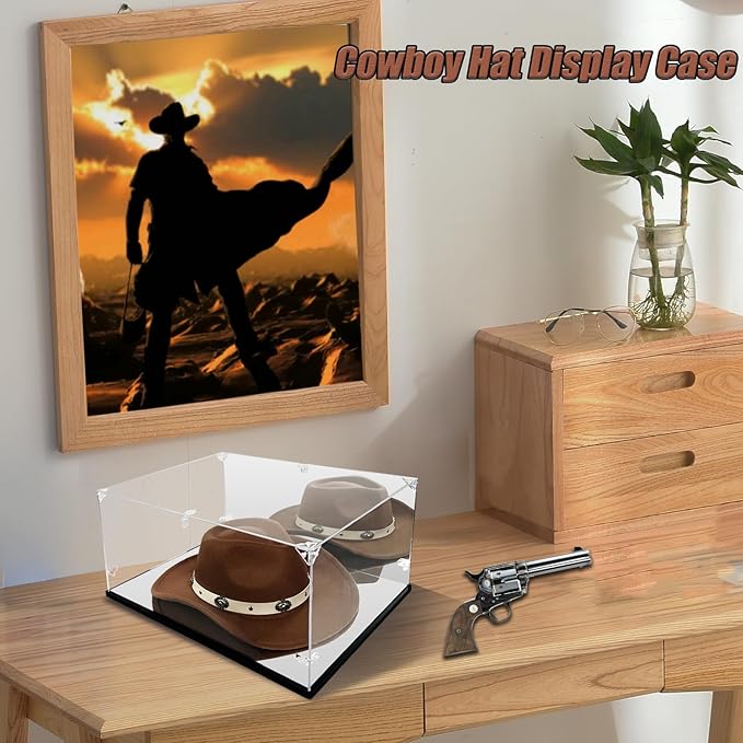 Cowboy Hat Display Case & Protector Box - Dual Mirror - 3mm Clear Premium Acrylic, Dust & UV Proof - Fits Most Hats (16.1" L x 11.8" W x 7.9" H)