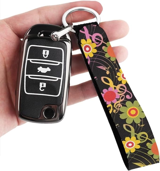 Music Note Car Accessories Rainbow Musical Auto Seat Covers for Front Back,Rainbow Boho Hippie Floral Car Steering Wheel Covers Keychains Safety Seatbelt Coasters Protection Set for Women