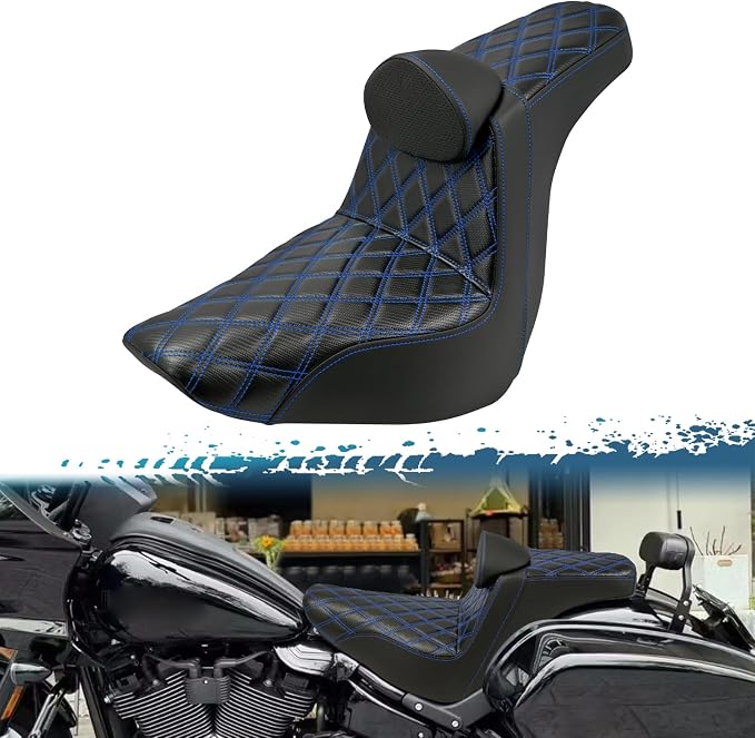 One-Piece Driver Passenger Seat Motorcycle 2-Up Seat With Driver Backrest Cushion Pad Fit for Harley Softail Sport Glide FLSB Low Rider FXLR FXLRS FXLRST 2018-later (Blue Stitching)