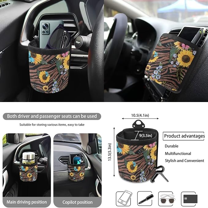 Sunflower Butterfly Stripe Print 10 Pcs Car Accessories, Car Front and Rear Seat Covers Full Set Steering Wheel Cover Air Vent Pounch Box Car Rubbish Bin Cup Coasters Keychain for Women Men