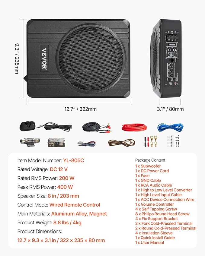 VEVOR 8" 400W Underseat Car Subwoofer, Slim Powered Car Subwoofers Under The Seat, Low Profile Audio Sub Built-in Amplifier, High/Low Level Input & Volume Controller for SUVs, Car, Truck, RV