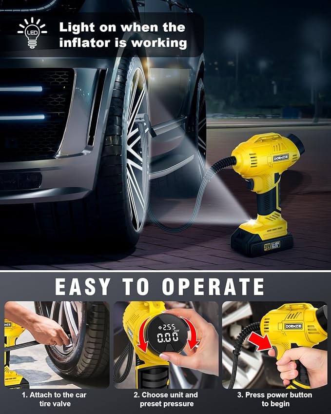 Tire Inflator Portable Air Compressor, 150 PSI Handheld Air Pump for Car Tires with 20V Rechargeable Battery, 12V Car Power Adapter, Digital Display, Ball, Motorcycle, Bike Pump