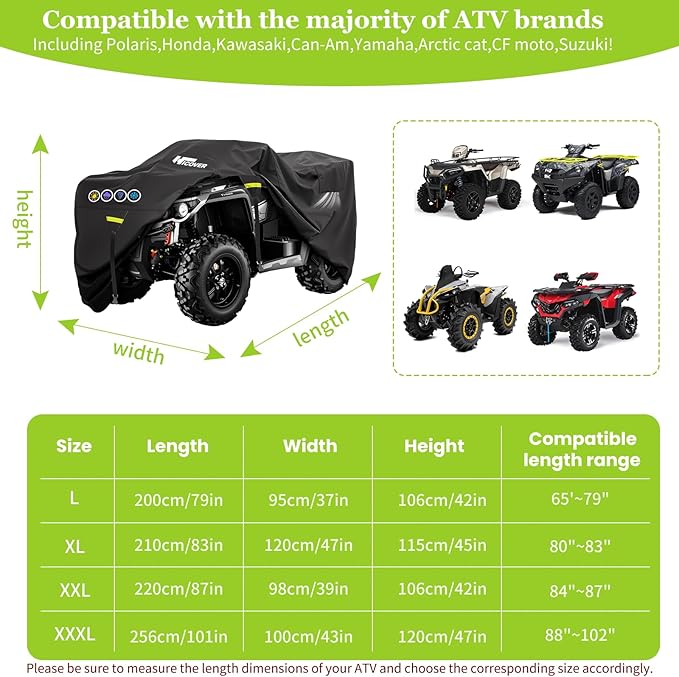 600D ATV Cover Waterproof Heavy Duty Trailerable 4 Wheeler Cover Waterproof Outdoor Quad Cover All Weather Season UV Protection for Polaris Kawasaki Yamaha Suzuki Honda