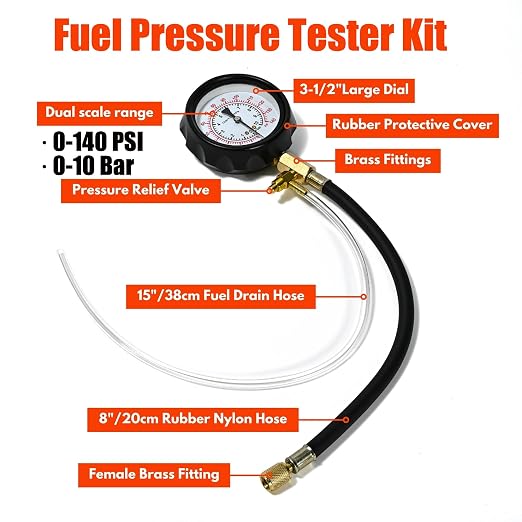 Pro Fuel Injection Pressure Tester Kit, 0-140 PSI Fuel Injector Pressure Tester Tool Kit with 9.49,7.89,6.30 Fuel Line Fittings, Gauge, Quick Coupling for Car Truck Motorcycle Engine Leak Down
