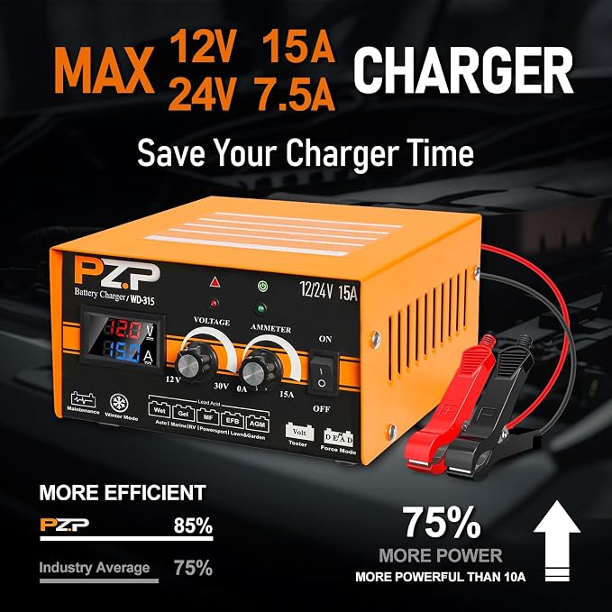 PZP 0-15Amp12V 24V Manual Battery Charger Maintainer, Arbitrarily Adjustable Car Battery Trickle Charger, Battery Desulfator with Repair, Winter Mode, Suitable for Motorcycle Car Truck Lawnmower Boat