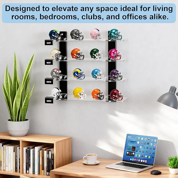 CHEPULA Wall Mount Mini Football Helmet Display Rack, Clear Acrylic Pocket Helmet Storage Stand with Hardware, Ideal Gift for Sports Fans, 11.81" x 10.6" x 2.83"(Clear)