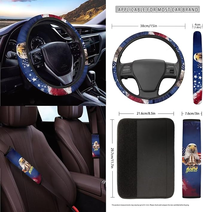 Wanyint 15 PCS Car Seat Covers Set, with Steering Wheel Rear View Mirror Seat Belt Cover Trash Bin Sunglass Pocket Coasters Key Chain US 250th Anniversary Car Accessories, American Flag Eagle Splash