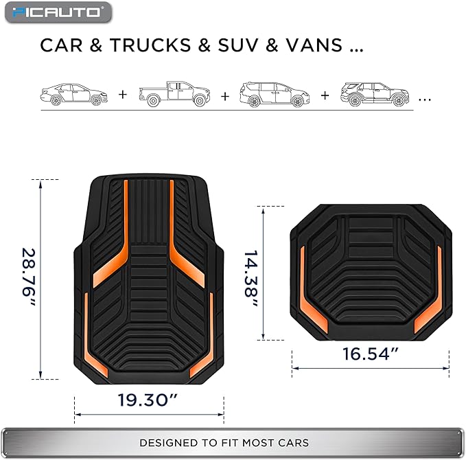 PIC AUTO Heavy Duty Rubber Floor Mats, Orange Aluminum Film Car Mats Set, Front and Rear Car Mats with Anti-Slip Backing, All Weather Protection, Trim-to-Fit for Automotive SUV, Sedan, Van