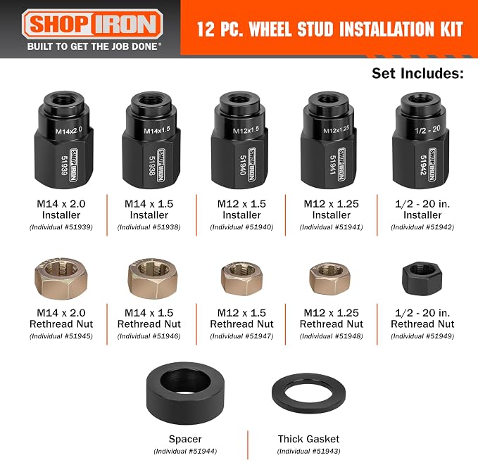 Shop Iron 51937 12-Piece Wheel Stud Installation and Rethread Kit, For use with 1/2-20", M12 x 1.25, M12 x 1.5, M14 x 1.5, & M14 x 2.0 Button Head Wheel Studs
