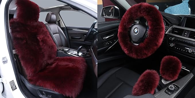 Fluffy Sheepskin Car Seat Cover, Steering Wheel Gear Shift Handbrake Cover for Auto Accessories