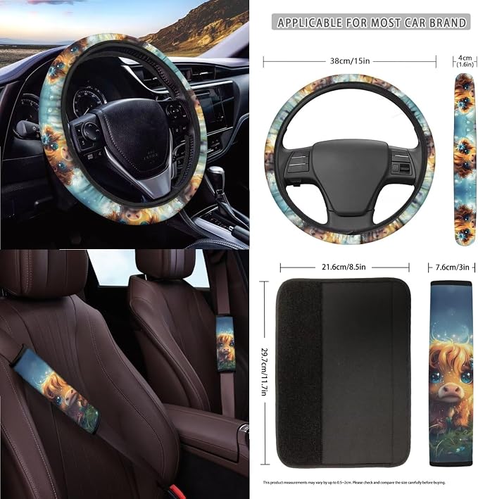 Wanyint Cute Highland Cow 15 PCS Car Seat Cover Full Set, with Steering Wheel Cover Seat Belt Covers Trash Can Air Vent Phone Holder Rear View Mirror Cover Coasters Key Chain Car Interior Accessories