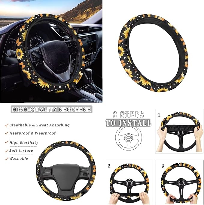 Sunflower Butterfly Dot Print 13 Pieces Car Interior Accessories, Auto Front and Rear Seat Cover Set of 4, 1 Comfort Steering Wheel Cover, 4 Soft Seat Belt Cover, 4 Cup Holder Coasters