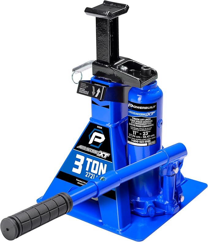 POWERBUILT 3 Ton All-in-One Hydraulic Bottle Jack and Jackstand in One, Compact, Wide Base, 11-21 Inch Range, Eliminates Jackstands, for Trucks, SUVs, RVs, Trailers, ASME, Not for Sedans - 640912