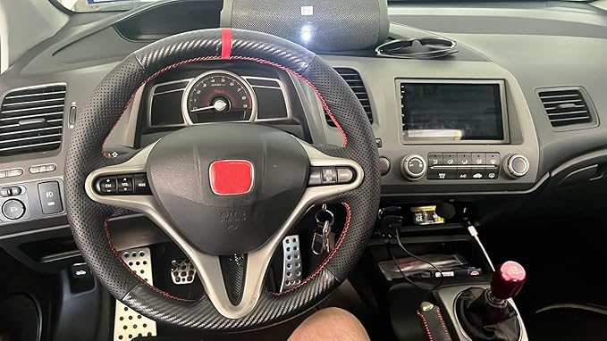 Loncky Black Genuine Leather Carbon Fiber Steering Wheel Cover for Honda Civic 8 2006 2007 2008 2009 2010 2011 Car Custom Fit Hand Stitched OEM DIY Suede Car Interior Parts Accessories (a)