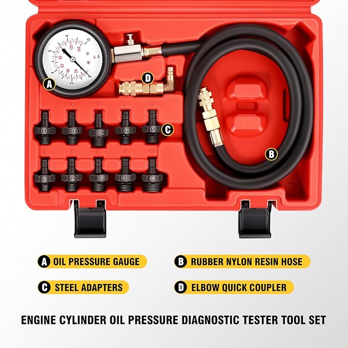 DNA Motoring Engine Oil Pressure Testing Diagnostic Tool Kit Dual Scale Gauge with Adapters for Cars, Trucks, Tractors, TOOLS-00339