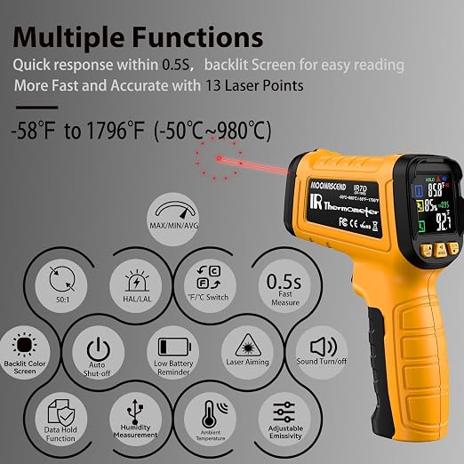50:1 Infrared Thermometer Gun, -58°F to 1796°F, K-Type Probe | Surface & Internal Temperature Measurement • Humidity Display • HVAC & Equipment Diagnostics
